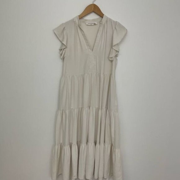 Amanda Uprichard Tiered Sheridan Midi Dress Ruffle Cap Sleeve Size S Cream - Picture 2 of 6